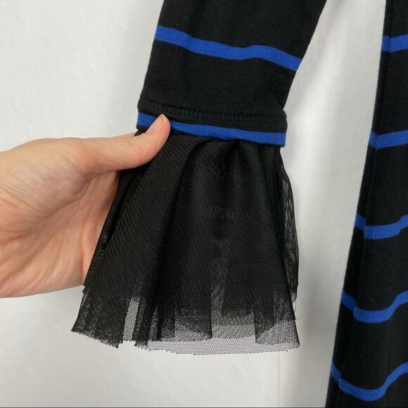 BeachLunchLounge | Black & Blue Stripe Tulle Ruffle Cuff Shift Sweater Dress - Picture 4 of 7